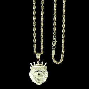10K Real Gold Rope Chain and Crown Lion Head Pendant Set
